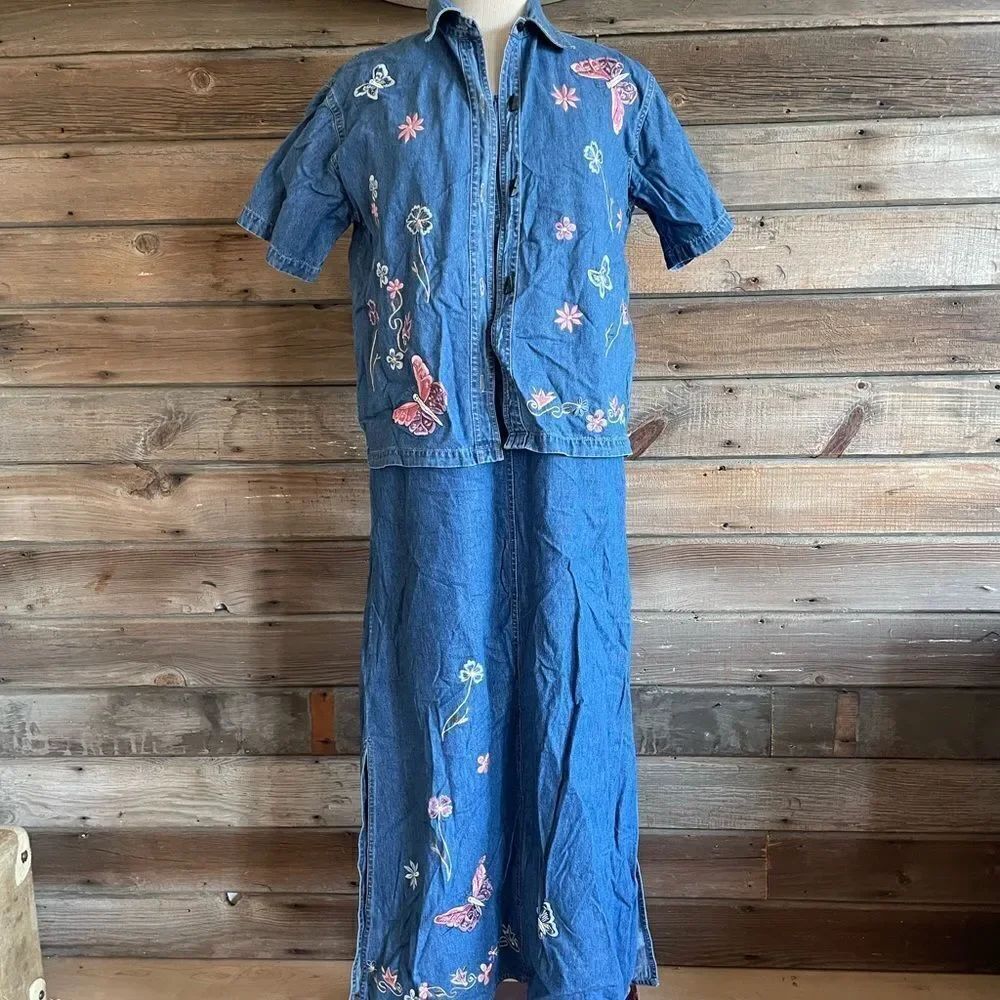 Vintage New Direction Matching Denim Button Down Shirt and Maxi Dress Size S EUC